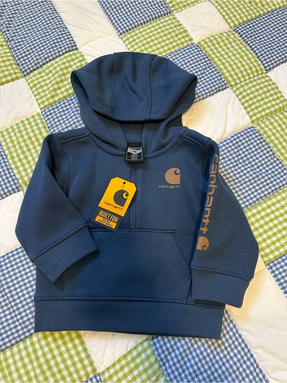 Carhartt Kids Navy Blue Logo Hoodie with Sleeve Graphic